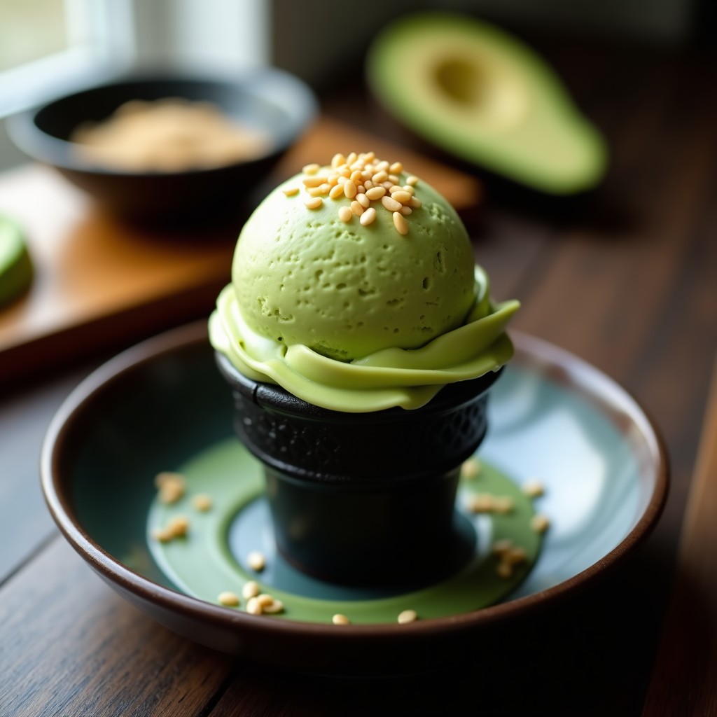 Helado de aguacate y wasabi servido en un cucurucho de barquillo negro, con semillas de sésamo tostado espolvoreadas y un fondo de madera oscura que resalta su textura cremosa y color verde intenso.