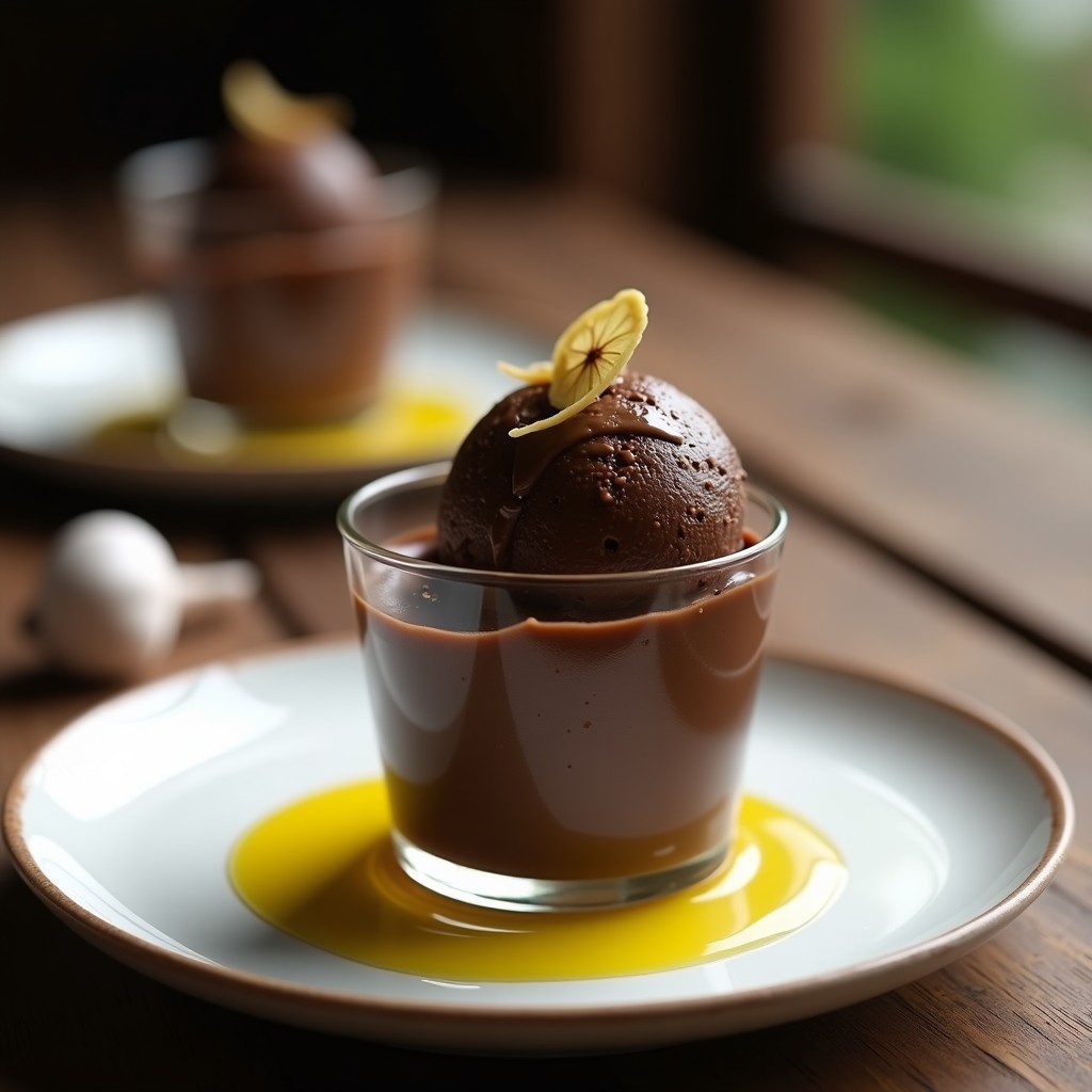 Copa de cristal transparente con helado de ajo negro y aceite de oliva, textura cremosa y color beige oscuro, decorado con un hilo de aceite de oliva virgen extra y láminas de ajo negro. Fondo rústico con madera oscura y luz tenue.