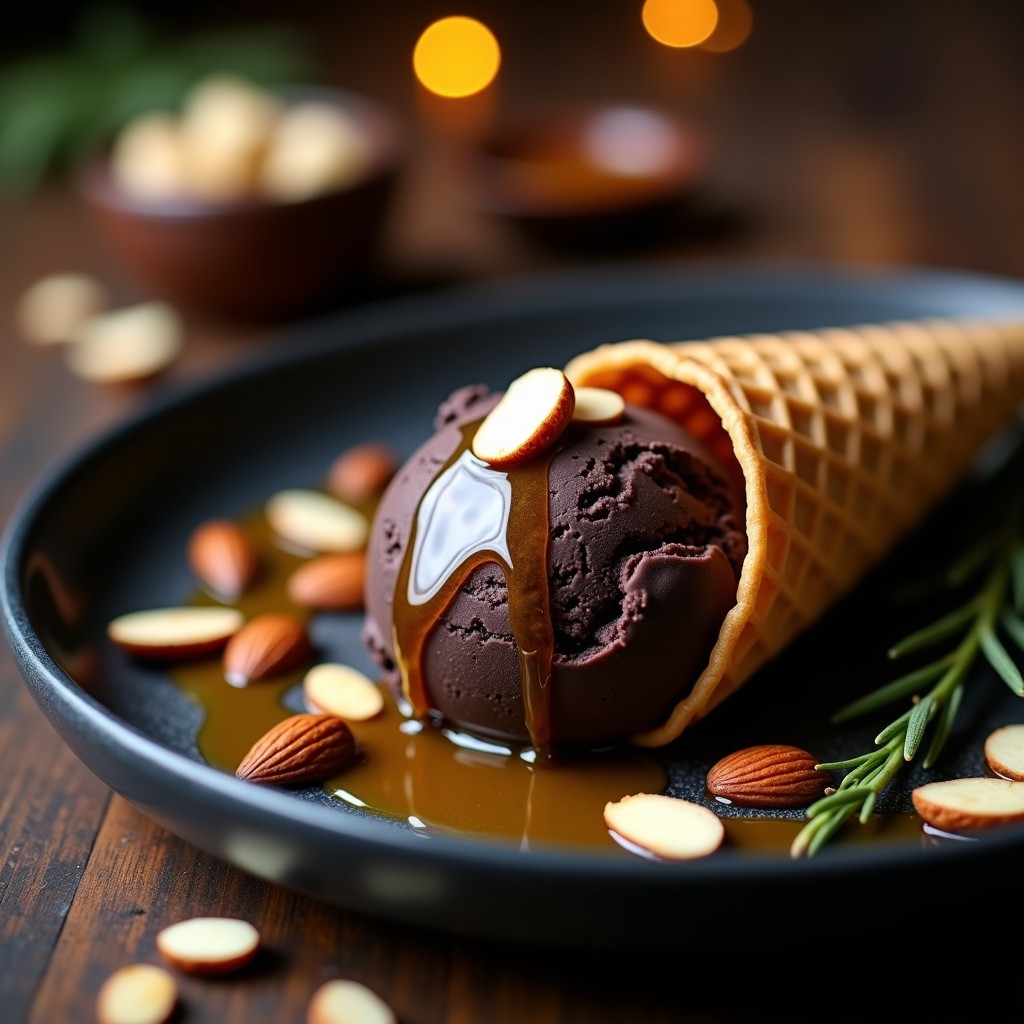 Cucurucho de barquillo negro con helado de ajo negro y miel, textura cremosa y brillante, decorado con almendras fileteadas tostadas y un hilo dorado de miel de romero sobre fondo rústico de madera oscura.