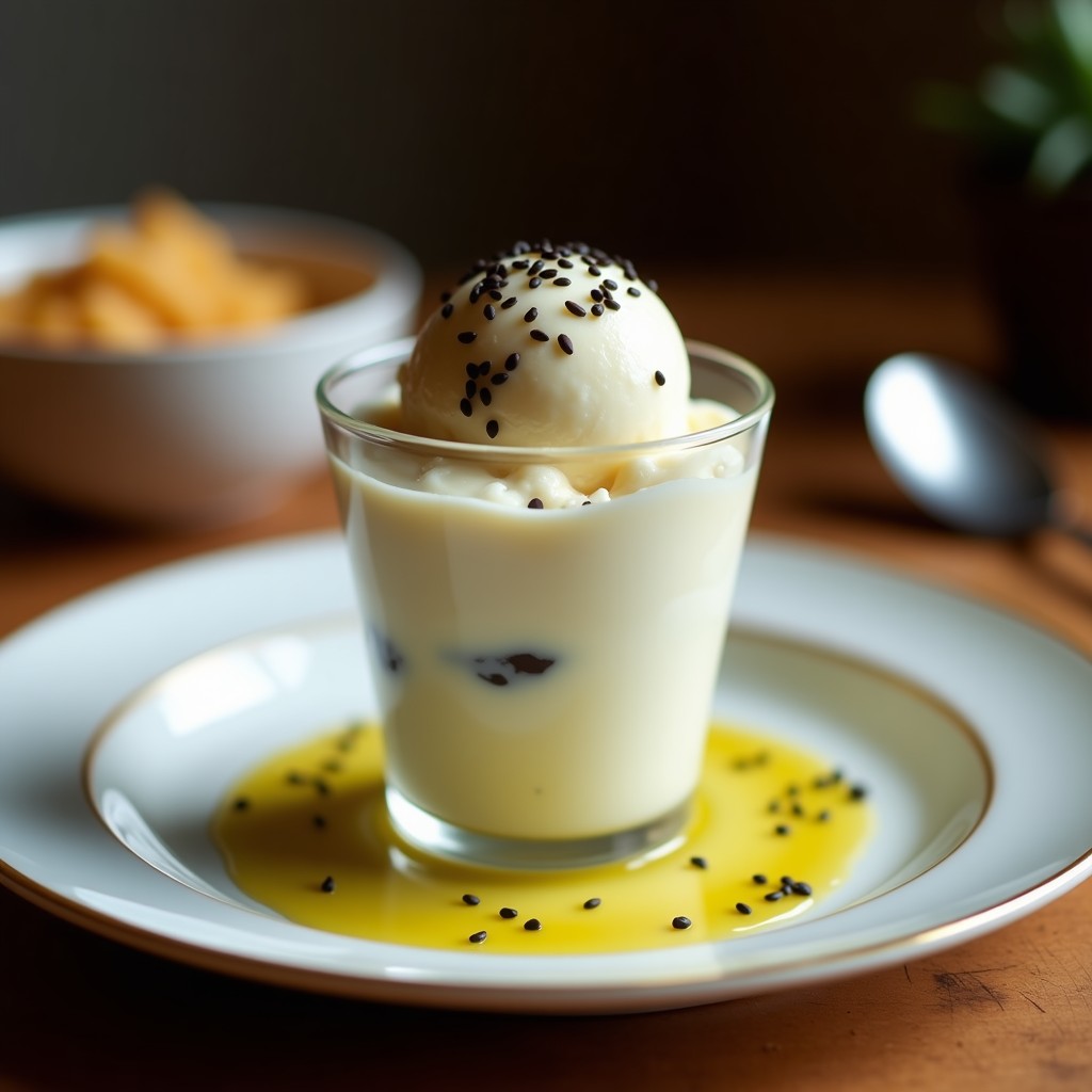 Copa de helado cremoso de color beige con vetas oscuras de ajo negro, decorado con hojas de albahaca fresca y un hilo de aceite de oliva virgen extra. Postre salado vegano sofisticado servido sobre plato negro de pizarra.