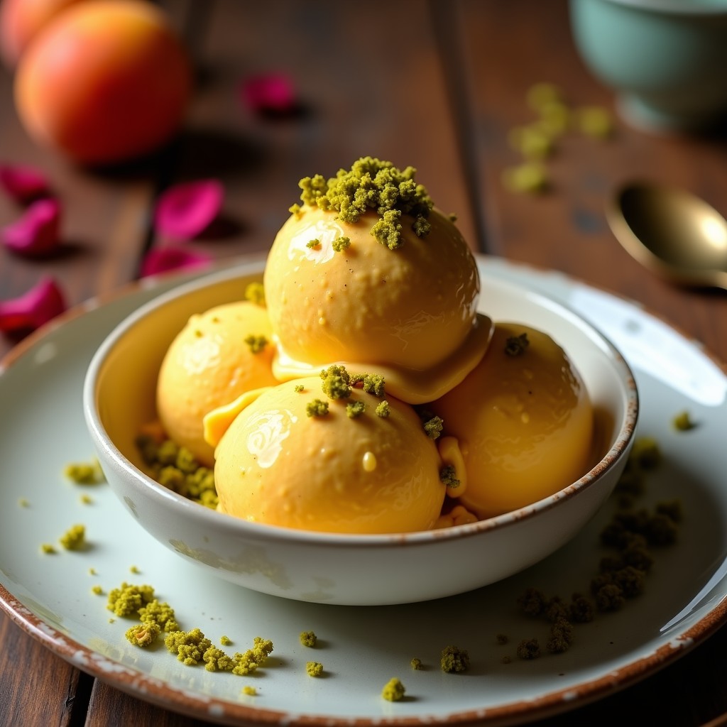 Copa de helado cremoso de color dorado ambarino con vetas de albaricoque, coronado con crujiente de pistacho verde esmeralda. Postre iraní sin lácteos servido en vajilla tradicional persa con pétalos de rosa al lado.