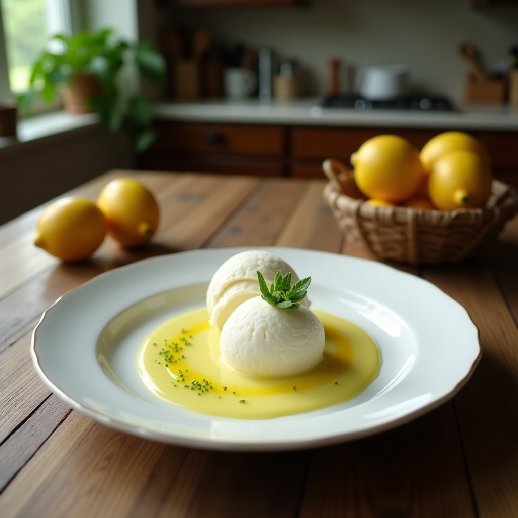 Copa de cristal con helado cremoso de color verde claro, trozos de coco rallado y una rodaja de limón. Postre vegano de aloe vera y limón con trozos de coco, fresco y digestivo.