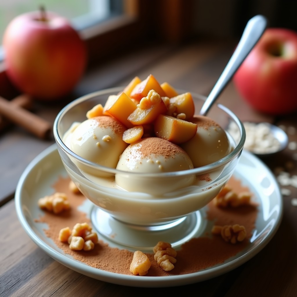 Copa de vidrio transparente con helado cremoso de color beige claro, salpicado de trozos dorados de manzana asada y nueces picadas. Espolvoreado con canela en polvo, sobre un fondo de madera rústica con una cuchara de metal y copos de avena esparcidos. Receta de helado vegano de avena, canela y manzana asada.