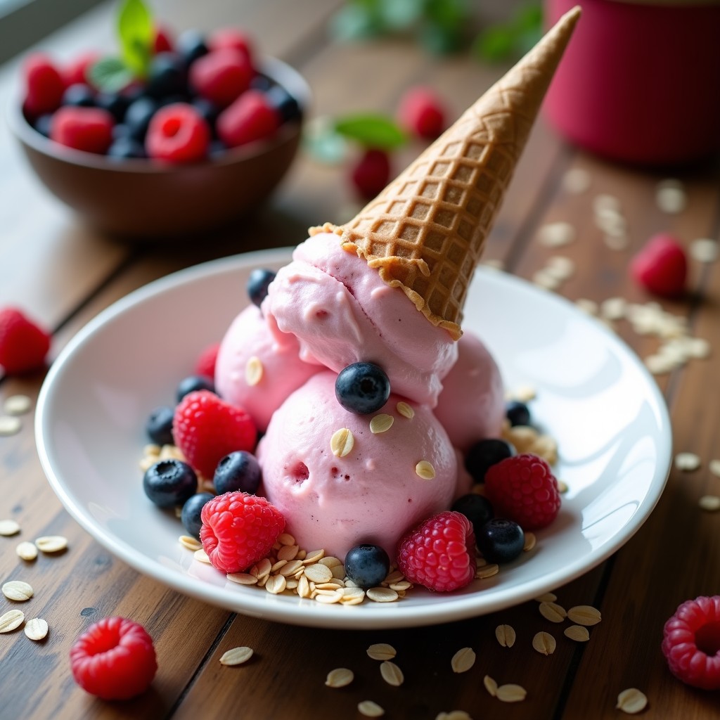 Helado cremoso de avena y protein powder en cucurucho de avena sin gluten, decorado con frutos rojos frescos y coco rallado. Postre fitness alto en proteína, sin azúcar y vegano, servido en un plato blanco sobre fondo rústico de madera.