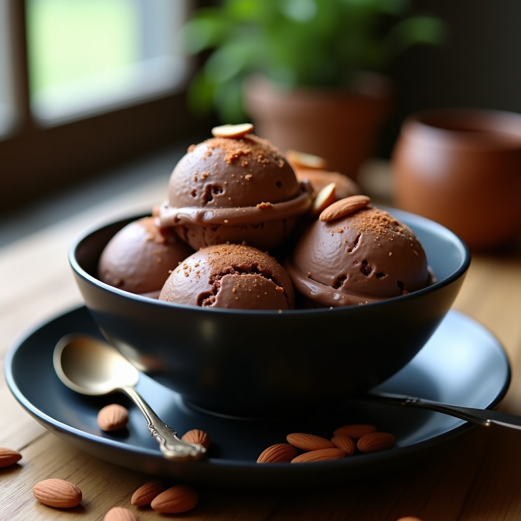 Helado de avoz y cacao en un cuenco de cerámica negra, con trozos de almendra tostada y un toque de canela en polvo. Textura cremosa y color chocolate oscuro. Postre vegano keto sin azúcar, servido con cuchara de metal y fondo borroso de cocina.
