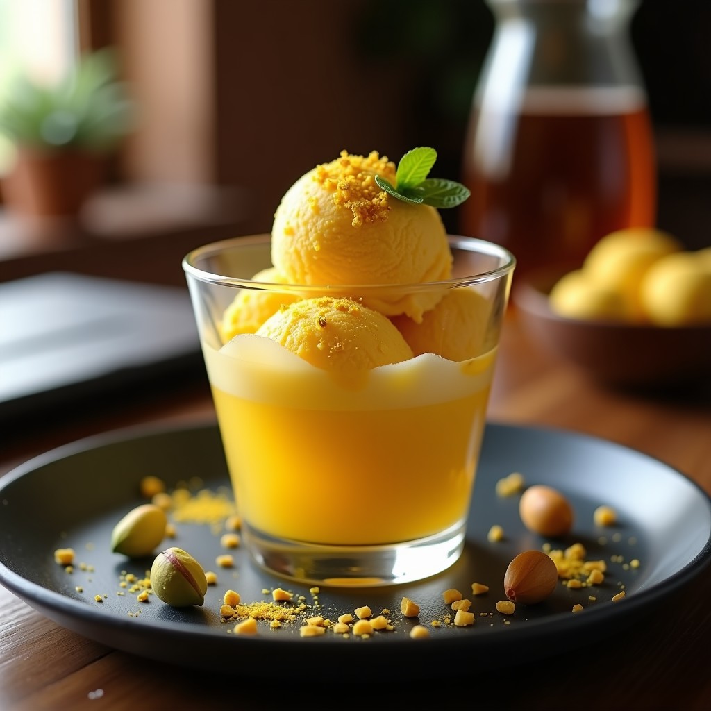 Helado de azafrán y cardamomo sin azúcar servido en un cuenco de porcelana blanca, con un toque dorado intenso y almendras fileteadas doradas en la superficie. Pétalos de rosa comestibles y un hilo de azafrán remojado decoran el postre persa gourmet.