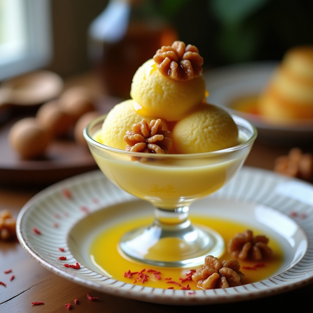 Copa de helado cremoso de color dorado ambarino, coronado con nueces caramelizadas brillantes y un hilo de miel. Fondo borroso con especias y hebras de azafrán, destacando la textura sedosa del postre persa sin lactosa.