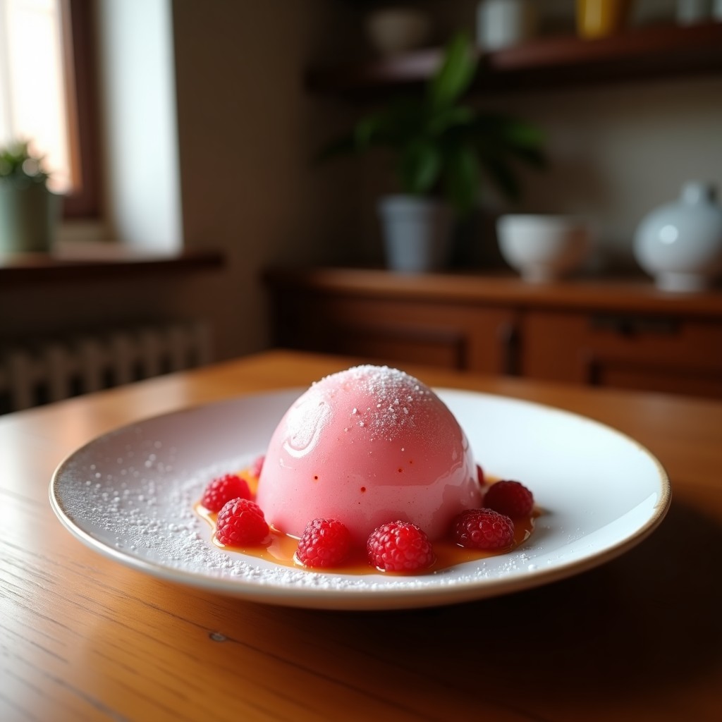Cucurucho de barquillo dorado con helado cremoso de azafrán y rosa, decorado con pétalos de rosa deshidratados y polvo de oro comestible, servido sobre plato negro de cerámica persa.