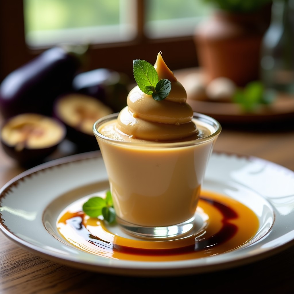 Copa de cristal transparente con helado de berenjena asada y miel, de color beige claro y textura cremosa, decorado con un hilo dorado de miel de castagno y una pizca de canela en polvo sobre fondo rústico de madera oscura. Receta de postre italiano sin lácteos.