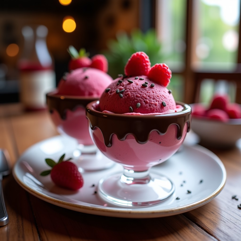 Helado de Berlín keto en cuenco blanco con frutos rojos frescos y cobertura brillante de chocolate negro 85%, decorado con hojas de menta y virutas de coco.