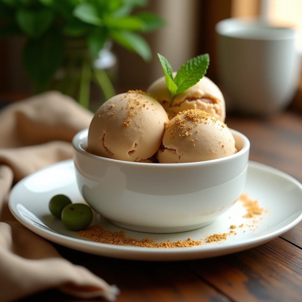 Helado de café de achicoria y cardamomo vegano en un cuenco de cerámica blanca, con textura cremosa y decorado con semillas de cardamomo abiertas y virutas de coco tostado sobre fondo rústico de madera.