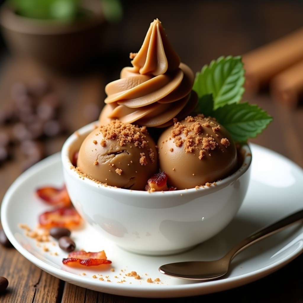 Copa de helado cremoso color café oscuro con trozos dorados de bacón crujiente espolvoreados por encima, decorado con un hilo de mantequilla de anacardos y una pizca de canela. Postre keto salado-dulce servido en fonda blanca sobre mesa rústica de madera con granos de café y hojas de menta al lado.