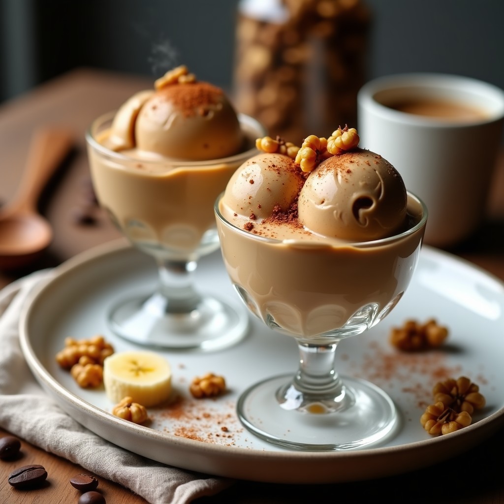 Copas de cristal con helado de café cremoso, especias visiblemente integradas, trozos de banana y nueces picadas por encima, fondo rústico con granos de café y canela en polvo.