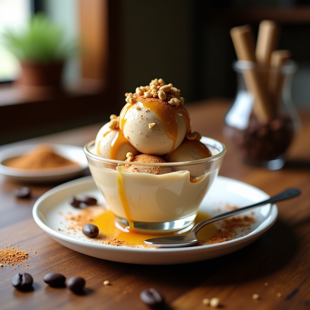 Copa de helado vegano sin lactosa de color crema con vetas de café y canela, coronado con topping crujiente de cacahuetes tostados y miel de agave, servido sobre una mesa de madera rústica con una cuchara de metal y granos de café esparcidos.