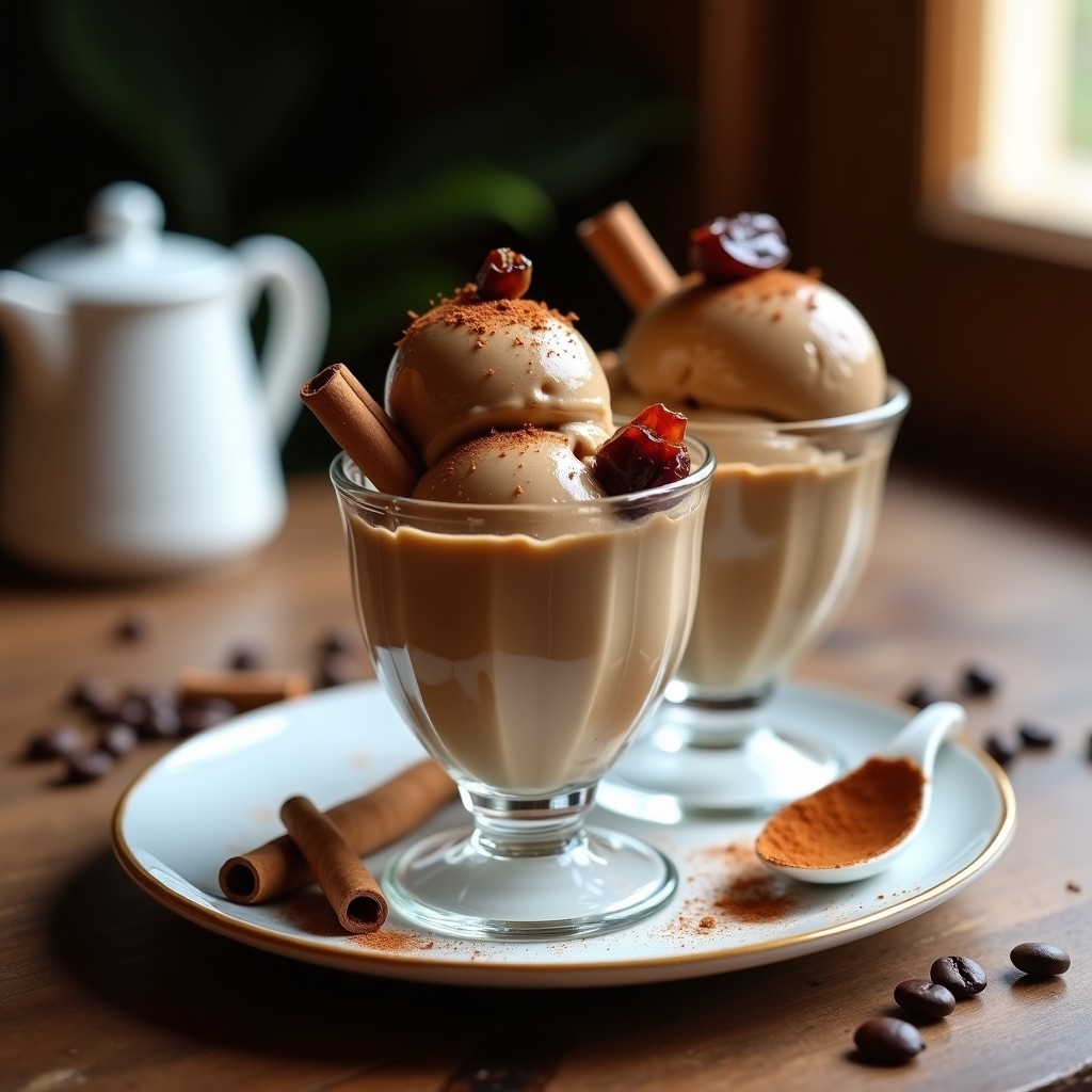 Copas de cristal transparente con helado de café y canela keto, trozos de dátil visibles, espolvoreado con canela en polvo y servido sobre una mesa de madera rústica con granos de café y una ramita de canela al lado.