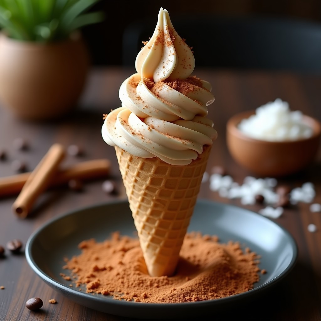 Helado cremoso de café y canela vegano en Thermomix, servido en un cucurucho de barquillo con virutas de coco y un espolvoreado de canela en polvo, sobre una mesa de madera con granos de café colombiano y una ramita de canela al lado.
