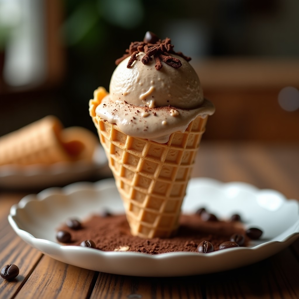 Cucurucho de barquita con helado de café con CBD, textura cremosa y color beige oscuro, decorado con virutas de chocolate negro y una pizca de canela sobre fondo rústico de madera.