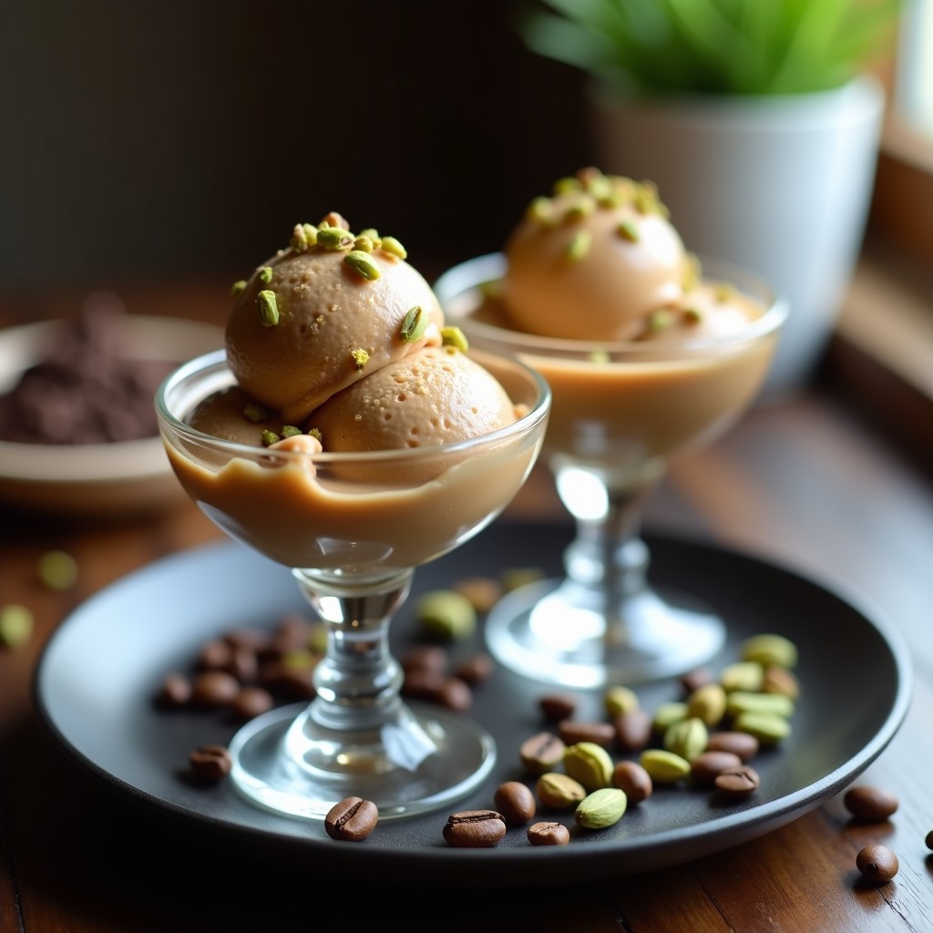 Copas de helado keto de café con infusión de cardamomo, coronadas con pistachos picados tostados, sobre un fondo de madera oscura con granos de café y semillas de cardamomo esparcidas.