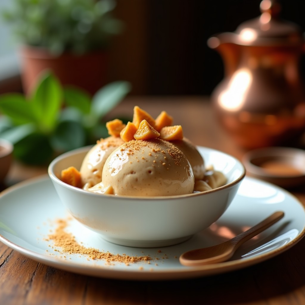 Helado cremoso de color marrón claro con vetas de especias, servido en un cuenco de cerámica blanca, decorado con trozos dorados de feo y una pizca de cardamomo en polvo. Fondo borroso con elementos árabes como una taza de café turco y hojas de menta.