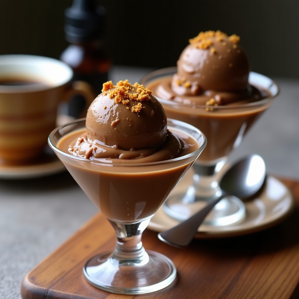 Helado de café y cardo santo keto servido en copas de cristal con textura cremosa y decoración de virutas de cardo santo tostado, fondo rústico italiano.