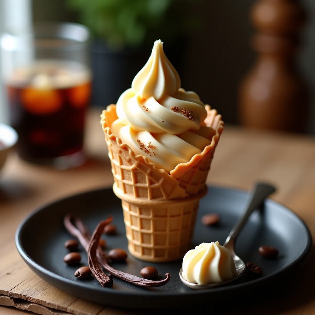 Cucurucho de helado keto de café cold brew y vainilla con textura cremosa, servido sobre fondo de madera oscura con granos de café y una vaina de vainilla al lado.