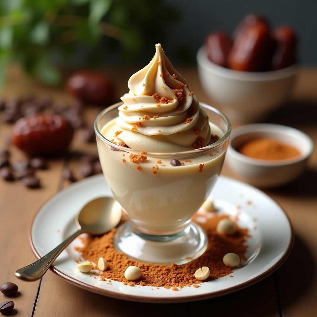 Helado de café y dátiles con base de aquafaba servido en una copa de cristal alta, con capas visibles de textura aireada y cremosa, decorado con almendras fileteadas tostadas y un espolvoreado de cacao en polvo. Fondo borroso con una cuchara de metal y granos de café.