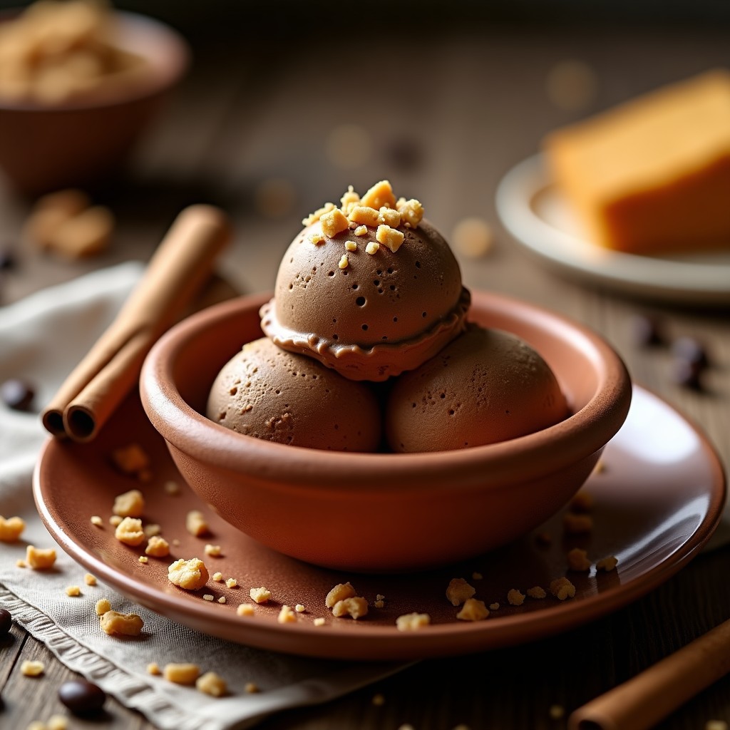 Helado de cafés especiados y trozos de panela en un cuenco de barro oscuro, con textura cremosa y trocitos dorados de panela. Decorado con nueces picadas y una rama de canela al lado. Fondo rústico con granos de café y un paño de lino.