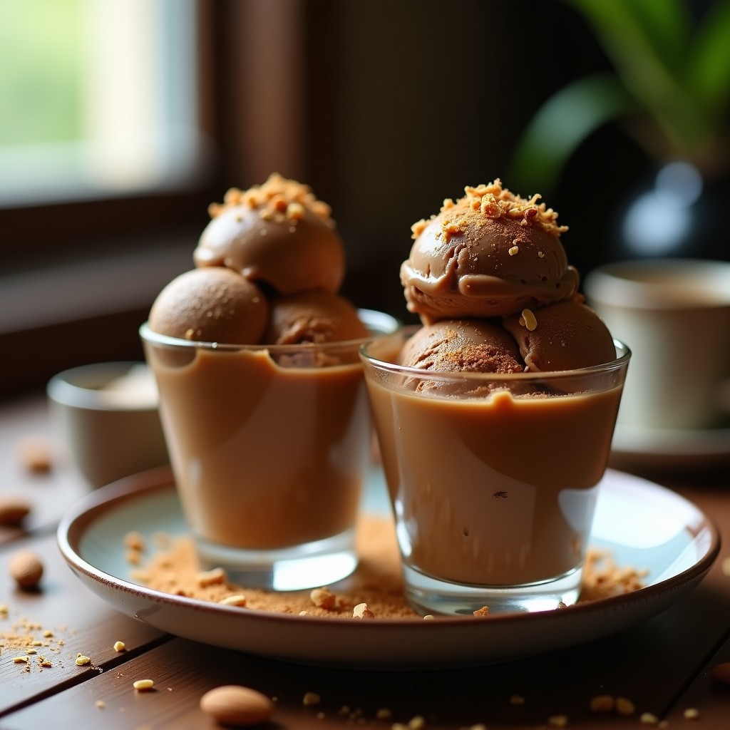 Copas de cristal con helado de café y espresso keto, coronado con crujiente de almendras doradas y canela, sobre fondo rústico de madera.