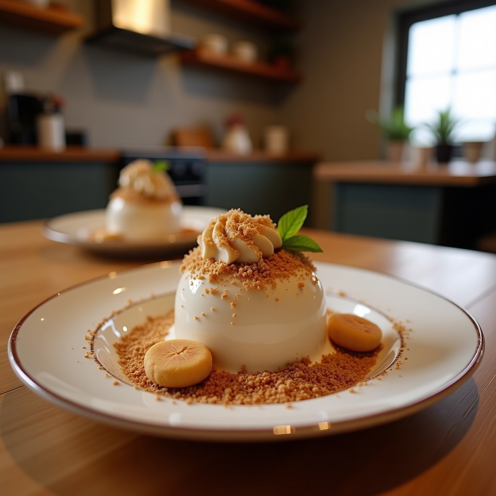 Copa de helado italiano cremoso de café espresso con crunch dorado de avellanas tostadas, servido sobre fondo rústico de madera con granos de café y una cucharita de plata.
