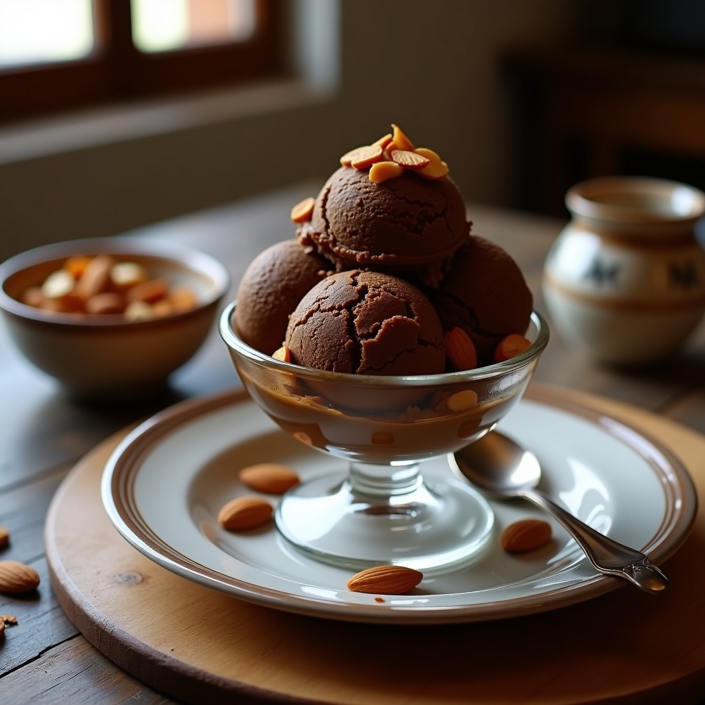 Cucurucho de barquilla relleno de helado de café cremoso con trozos dorados de feo de azúcar y crujiente de almendra tostada espolvoreado por encima, servido sobre una mesa rústica de madera con granos de café y una taza de espresso al fondo.