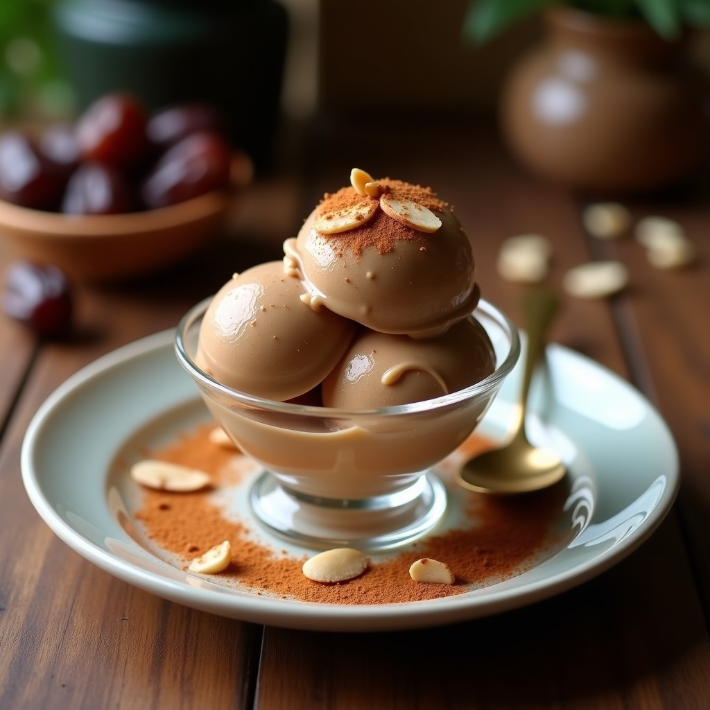 Copa de cristal con helado de café con leche de dátil y canela, textura cremosa y color marrón oscuro, decorado con canela en polvo y almendras fileteadas tostadas sobre fondo de madera rústica.