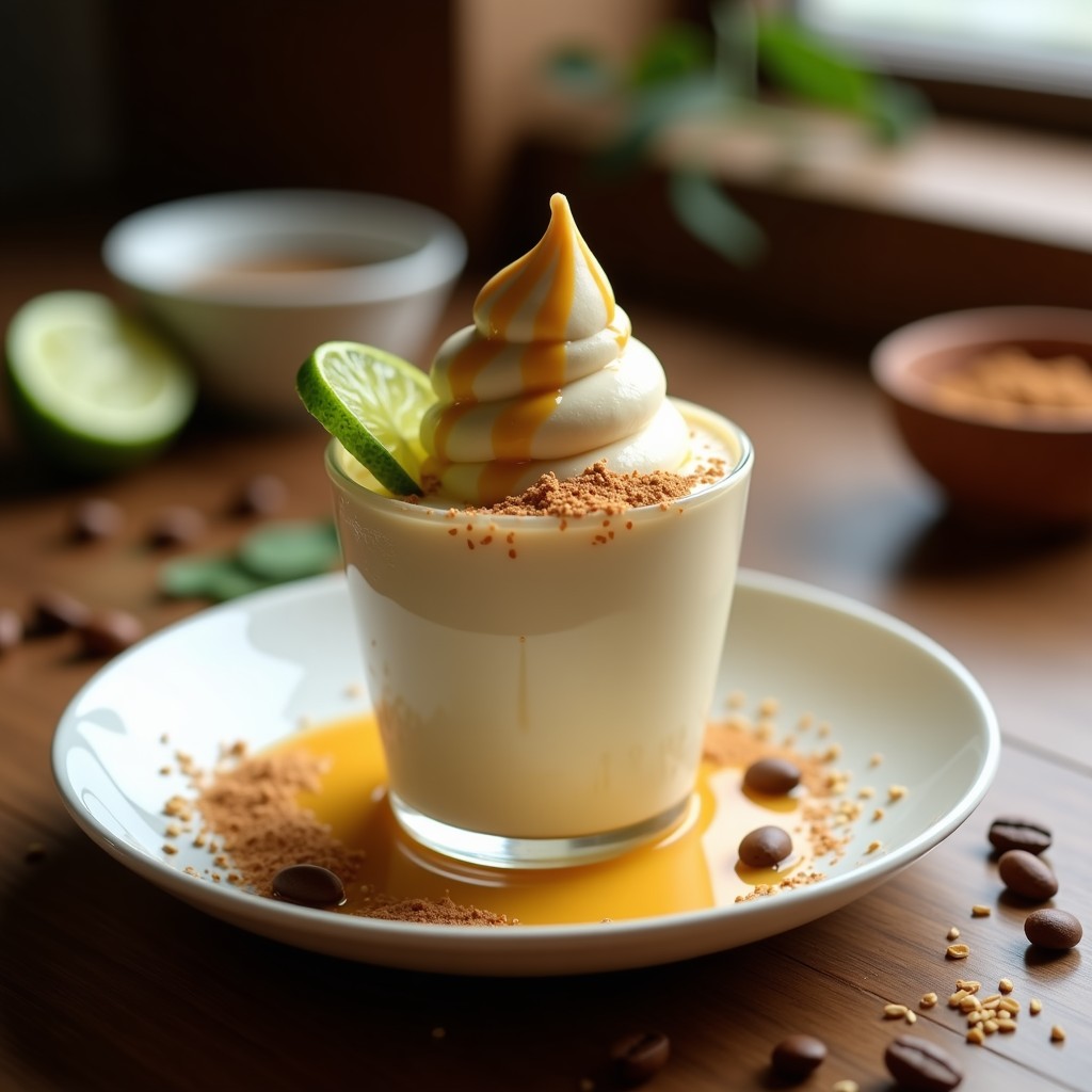 Copa de cristal transparente con helado de café con leche de tigre peruana sin azúcar, textura cremosa y color beige claro, decorado con un hilo dorado de leche de tigre, espolvoreado con canela y rodajas de limón verde sobre una mesa de madera rústica. Plato energizante y saludable.