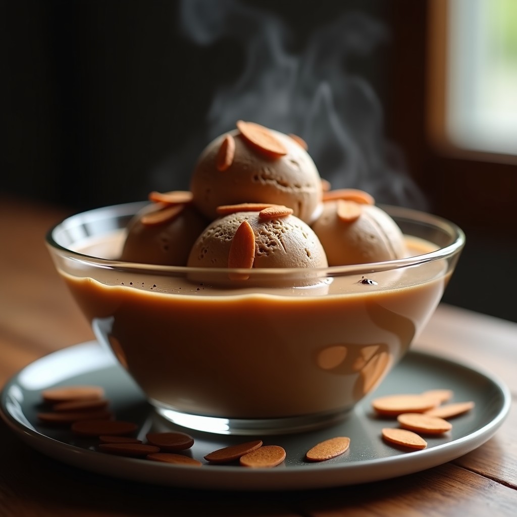 Copa de cristal transparente con helado de café cremoso y brillante, coronado con almendras fileteadas y un hilo de esencia de vainilla, sobre fondo oscuro con efecto de humo por nitrógeno líquido.