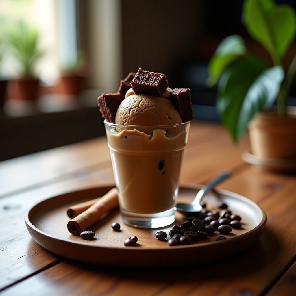 Copa de cristal transparente con helado de café ultracremoso, trozos de brownie oscuro y espuma de nitrógeno, servido sobre una bandeja de madera con granos de café y una ramita de canela.