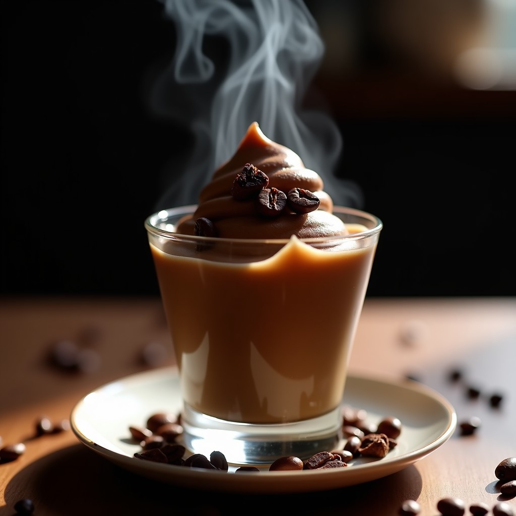 Copa de cristal con helado de café cremoso y brillante, coronado con trozos de cacao puro oscuro. Alrededor, vapor frío por el nitrógeno líquido, fondo oscuro y elegante, postre molecular sin lácteos.