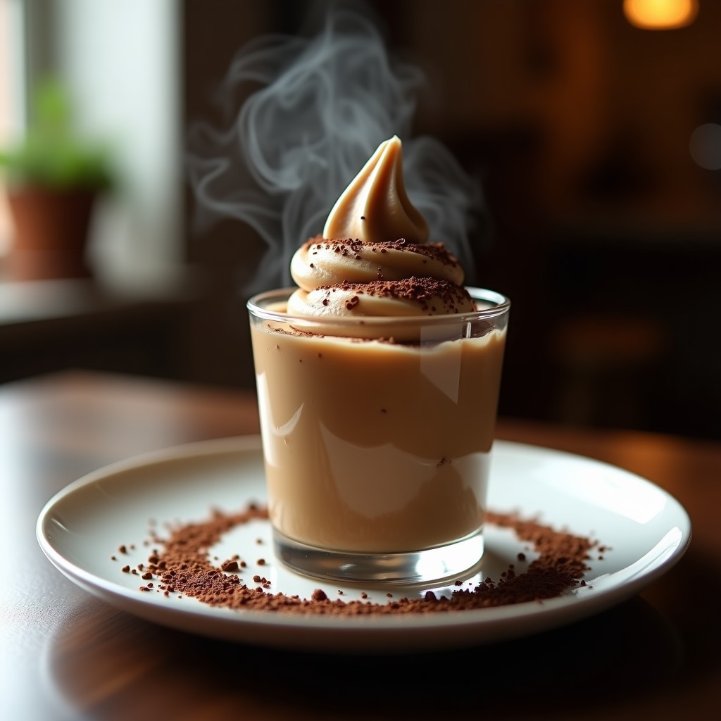 Copa de cristal transparente con helado de café con nitrógeno líquido, textura ultracremosa y espuma sedosa, espolvoreado con cacao puro en polvo, sobre fondo oscuro con detalles de vapor frío.