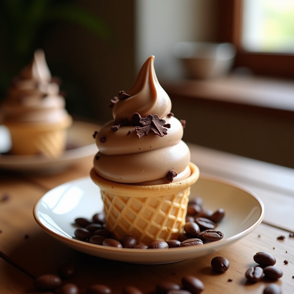 Helado de café vegano proteinado en cucurucho de barquillo, con textura cremosa y decorado con virutas de chocolate negro y granos de café tostados.