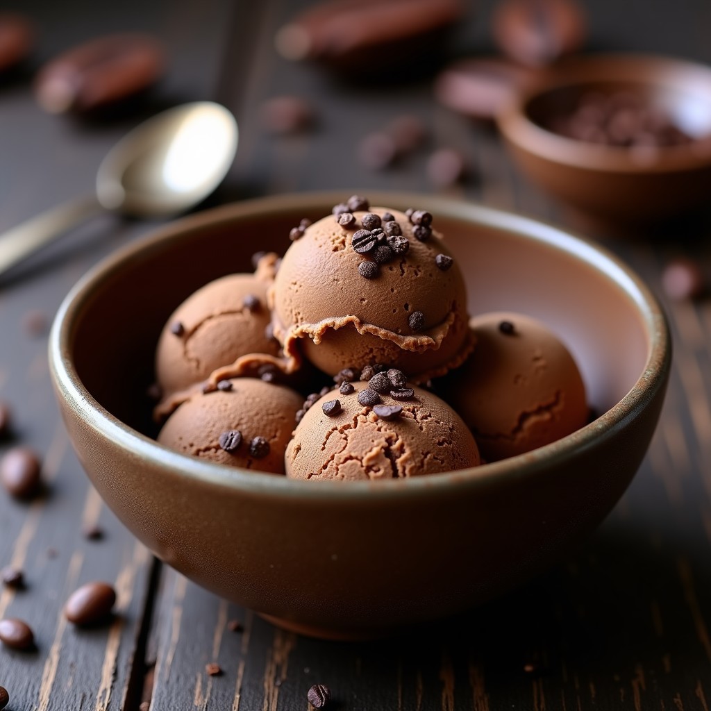 Helado keto de café y semillas de cacao servido en un cuenco de barro, con textura cremosa y semillas de cacao crujientes en la superficie. Fondo oscuro con granos de café esparcidos y una cucharita de metal.