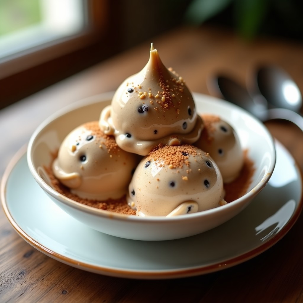 Copas de helado cremoso de café con semillas de chía negruzcas visibles, espolvoreado con canela en polvo y unas gotas de esencia de vainilla, servido en cuenco de cerámica blanca sobre fondo de madera rústica.