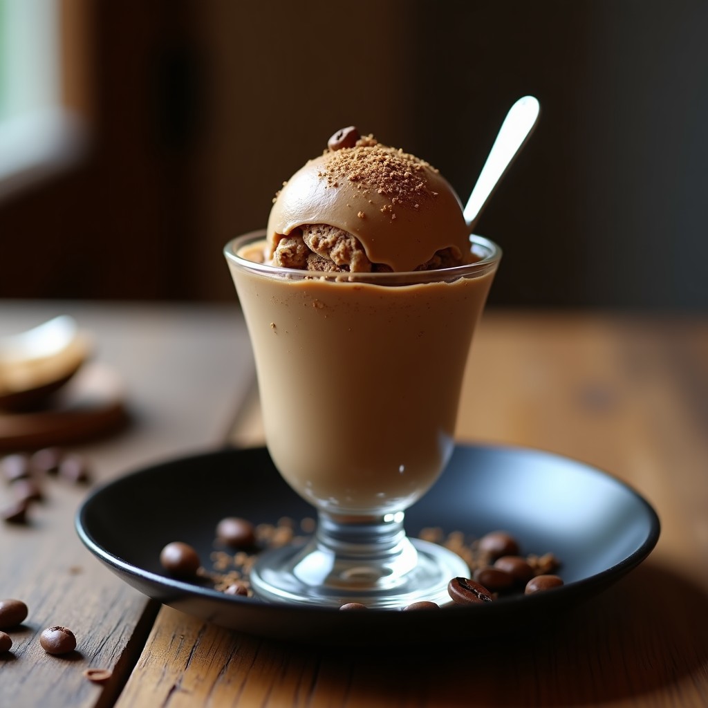 Helado de café turco con cardamomo y nuez moscada servido en un cuenco de cerámica blanca, con vetas cremosas y un toque de nuez moscada rallada por encima. Fondo oscuro con granos de café y semillas de cardamomo esparcidos.