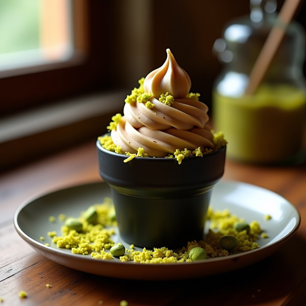 Cucurucho de barquillo oscuro relleno de helado cremoso color café claro, espolvoreado con virutas de pistacho verde brillante y trozos dorados. Postre otomano sin azúcar con textura sedosa y aroma a kardamom.
