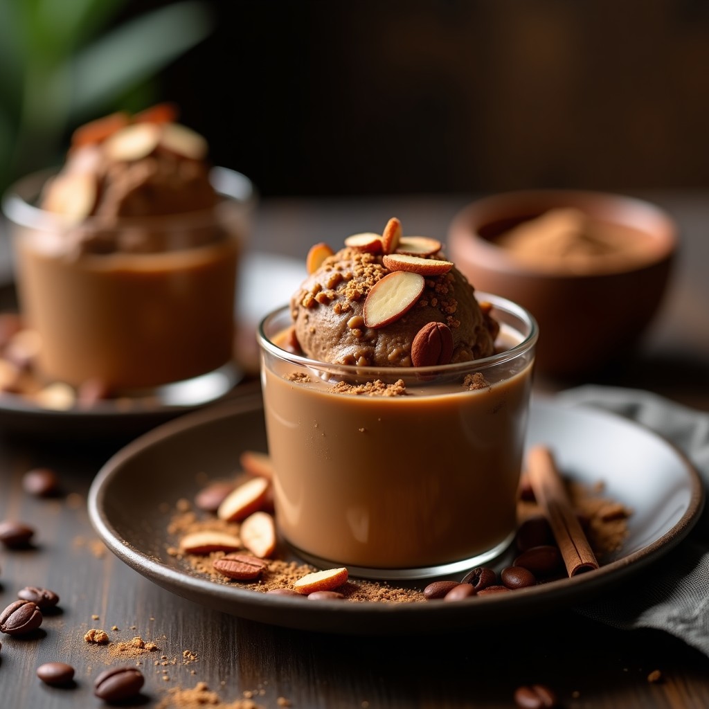 Copas de cristal transparente con helado de café y vesícula de Vlad, textura cremosa y color marrón oscuro, decorado con almendras fileteadas tostadas y un hilo de aceite de coco. Fondo con granos de café y canela en rama, ambiente rústico y ahumado.
