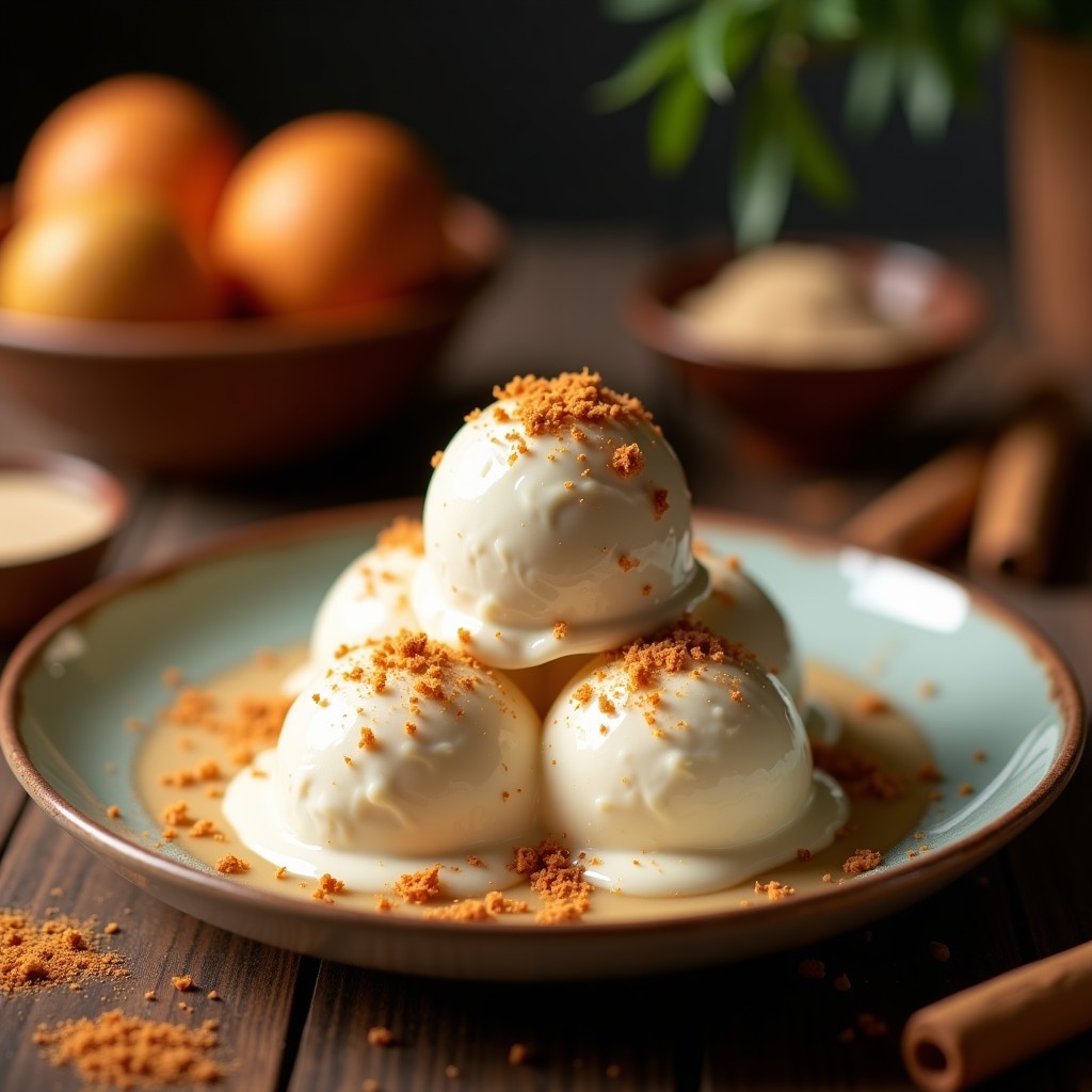 Helado de té chai con coco sin azúcar en copas de cristal transparente, decorado con copos de coco y almendras fileteadas, sobre un fondo de madera rústica con especias chai esparcidas.