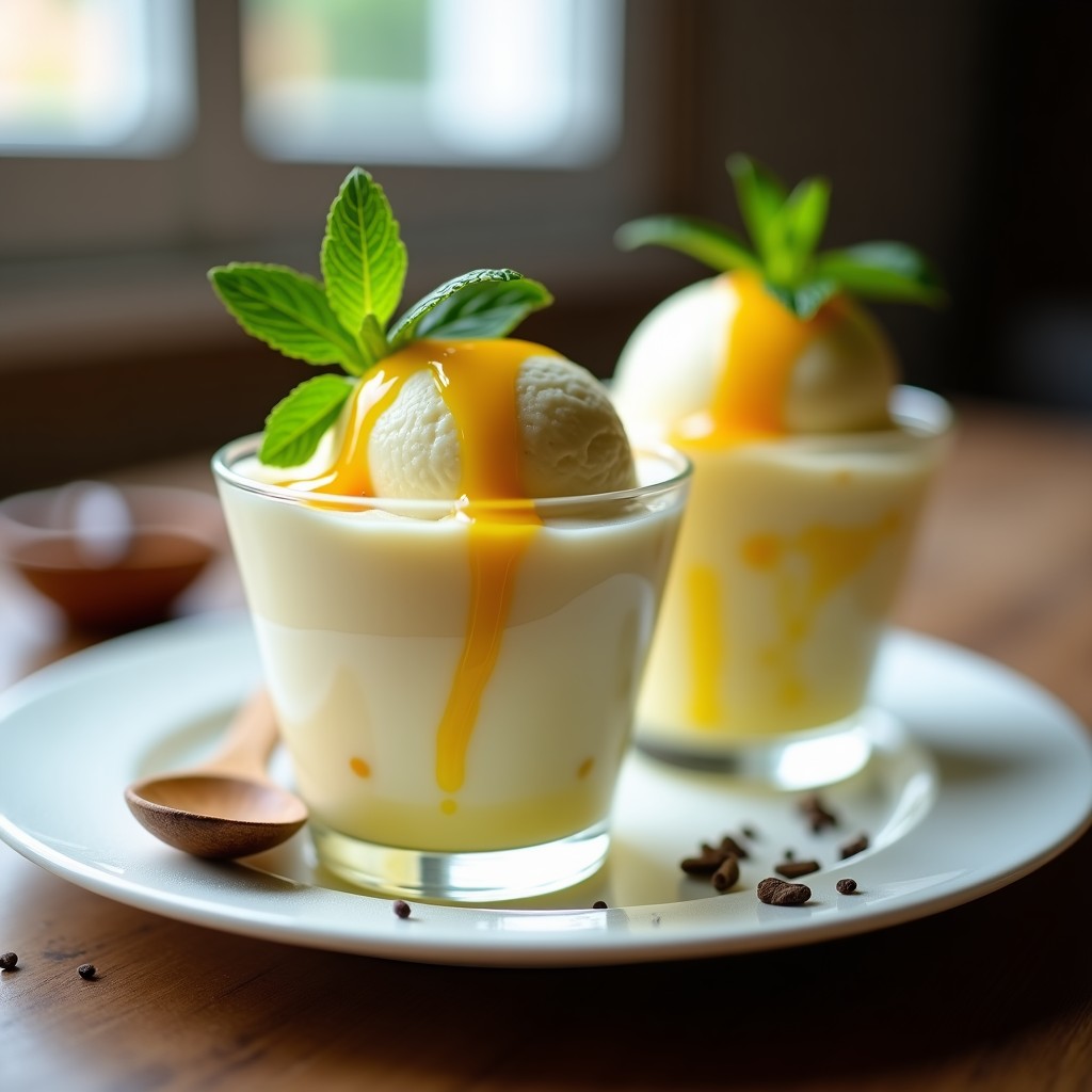 Copa de cristal transparente con helado de charapita y yogur griego, de color blanco cremoso con vetas amarillas de charapita picada, decorado con hojas de menta fresca y semillas de ajonjolí tostado sobre un fondo rústico de madera.