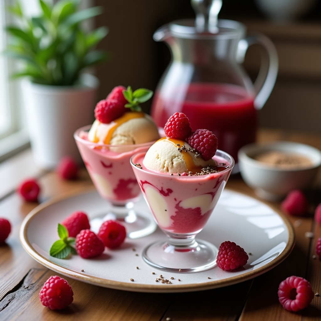 Vasito de cristal transparente con helado de cheesecake vegano de cashew y frambuesa, mostrando capas cremosas blancas y rosadas, decorado con frambuesas frescas y virutas de coco, sobre fondo de madera rústica con luz natural.