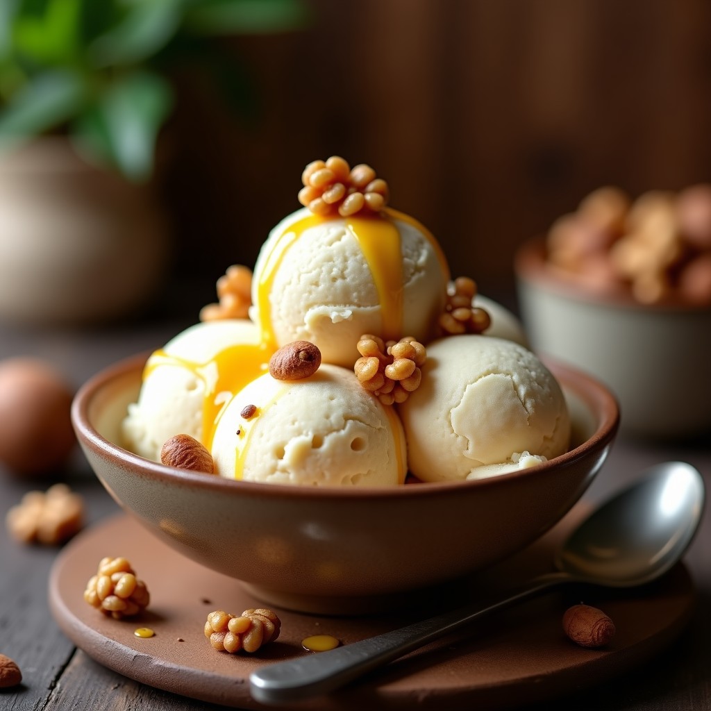 Copa de helado cremoso de chufa color beige claro, con trozos dorados de nuez tostada y un hilo de esencia de vainilla, servido sobre una mesa rústica de madera con una cuchara de metal y chufas enteras de decoración.