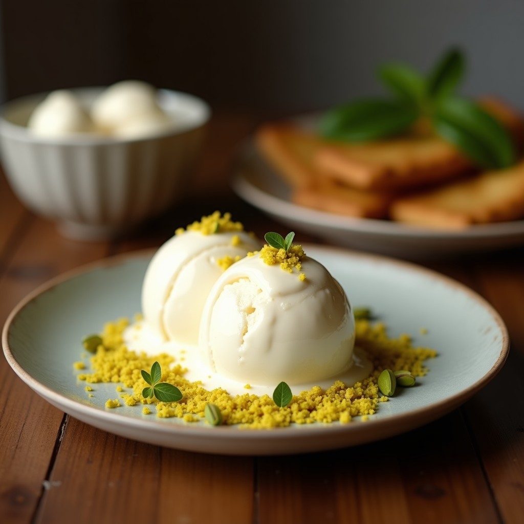 Copa de helado cremoso de color marfil con vetas de yogur de coco, espolvoreado con crujiente de pistacho verde y coco rallado dorado, servido sobre un plato negro con hoja de menta. Postre indio vegano.