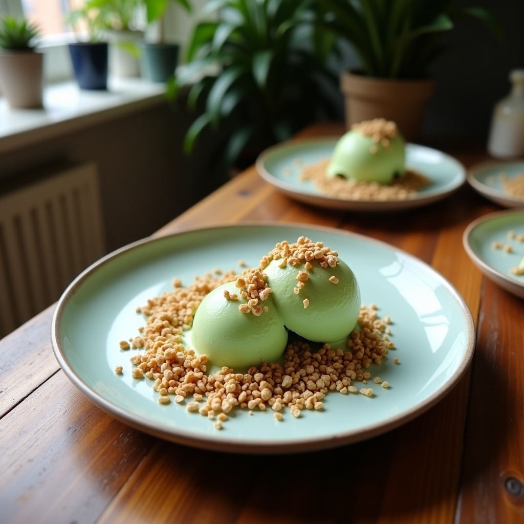 Copa de helado vegano de coco y spirulina con color azul verdoso intenso, coronado con granola crujiente, semillas de chía y cacao nibs. Postre saludable sin azúcar en fondo blanco con texturas cremosas y topping dorado.