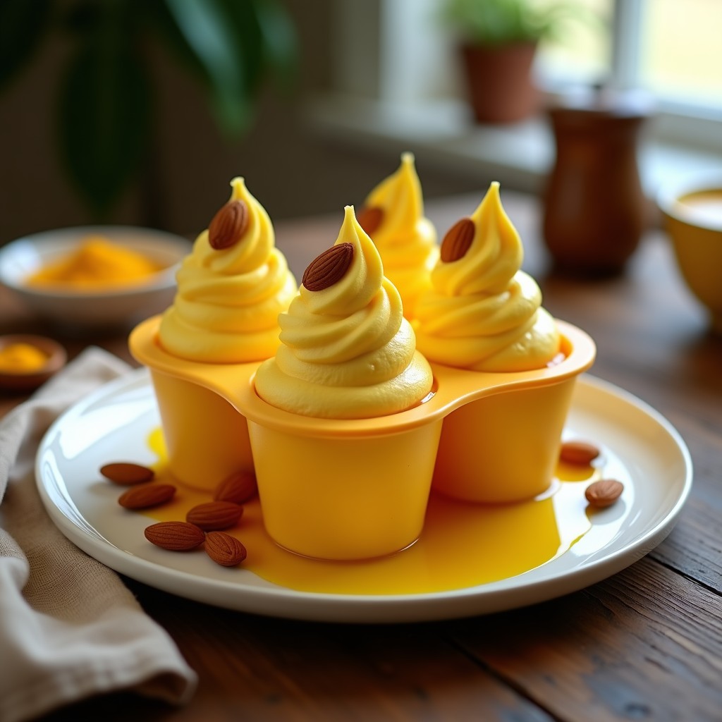 Helado de cúrcuma y jengibre en airfryer, postre antiinflamatorio sin lácteos, servido en copas de cristal con decoración de cúrcuma en polvo y anacardos picados, textura cremosa y color dorado intenso.