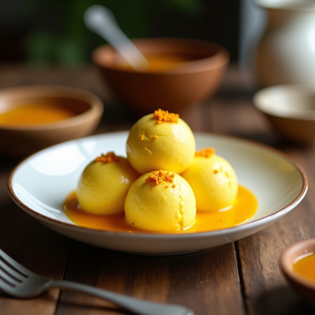 Cucurucho de barquillo con helado de cúrcuma y jengibre con base de leche de coco, color dorado cremoso, decorado con virutas de coco y jengibre rallado fresco sobre fondo blanco rústico.